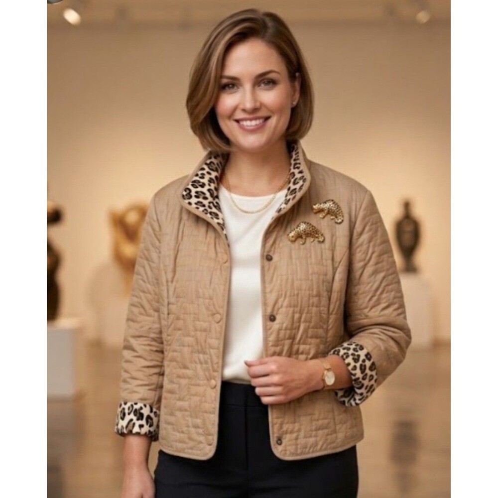 Chico's Quilted Jacket Size 3 XL Tan Beige Leopard Animal Print Lining